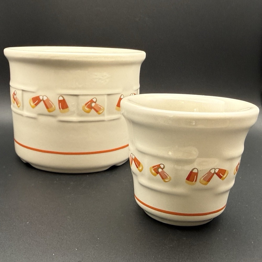 Longaberger Pottery Heirloom Candy Corn Crock & Votive Holder Set Halloween Fall